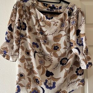 Ann Taylor Factory Floral Blouse - Cream and Blue